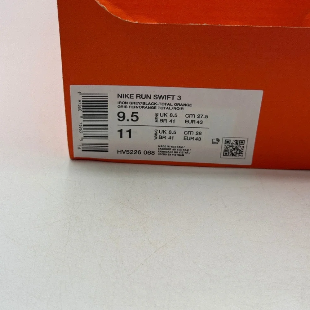 Nike Run Swift 3 Shoes Mens Size 9.5 Iron Grey Total Orange Running HV5226-068